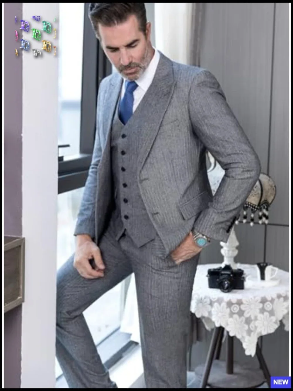 Classic Tweed Herringbone Three Piece Suit Peak Lapel Formal Elegant Wedding